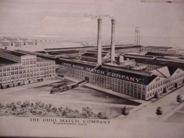 Period illustration of the sprawling Ohio Match Company works in Wadsworth, Ohio