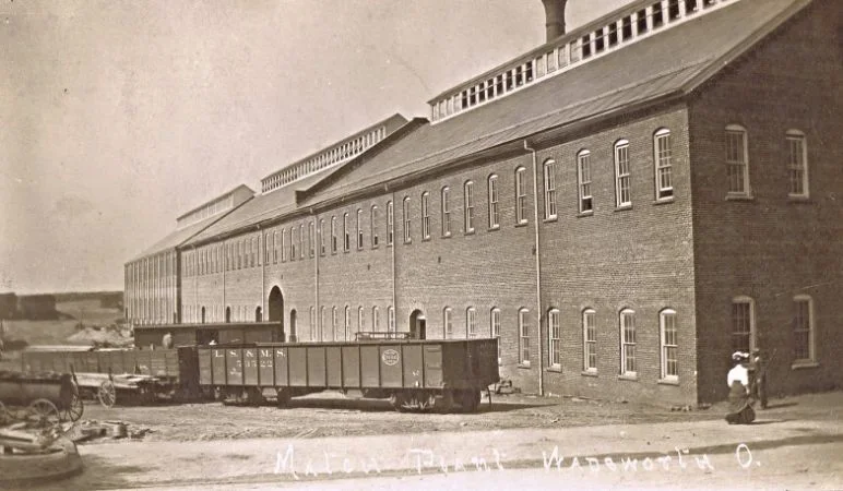 The Ohio Match Company plant in Wadsworth with rail cars at the loading dock